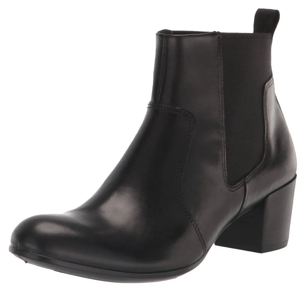 ECCO Booties‎ Black Leather Block Heel Chelsea Ankle Boots Size US 8.5 NEW